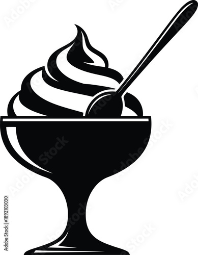 Ice cream sundae silhouette, frozen dessert with spoon in glass bowl, sweet treat for summer, refreshment, isolated black