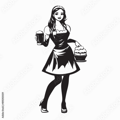Oktoberfest waitress with beer and snacks Image Vector on White Background