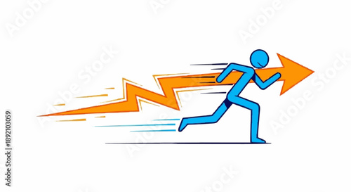 Blue stick figure running fast forward with orange lightning bolt and arrow.