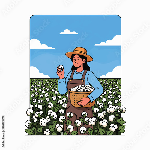 Woman Farmer Picking Cotton Bolls in a Vast Field Under a Blue Sky with Fluffy White Clouds