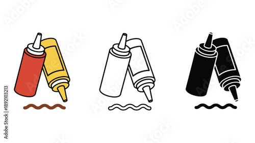 A colorful illustration of ketchup and mustard bottles in different styles