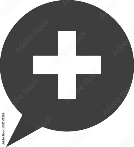 Speech bubble icon with plus sign inside for medical notification or add message button isolated on checkered background