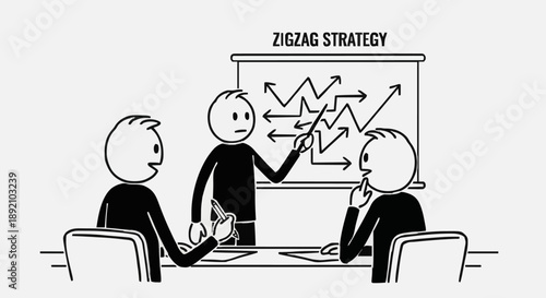 Business meeting discussing zigzag strategy on whiteboard.