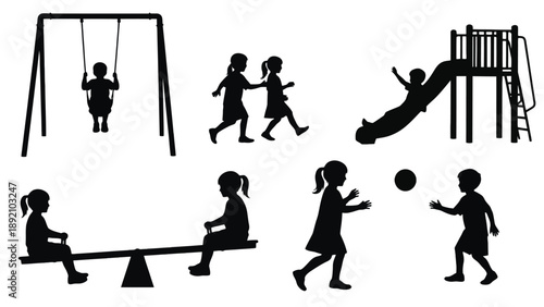 Silhouettes of children playing on a playground with swings and slides