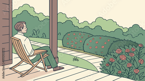 A man sit on the chair and see the garden 