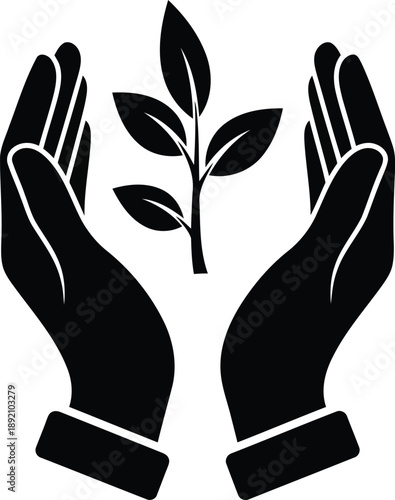 Care and growth concept with human hands protecting young green plant sprout for environmental ecology in vector art