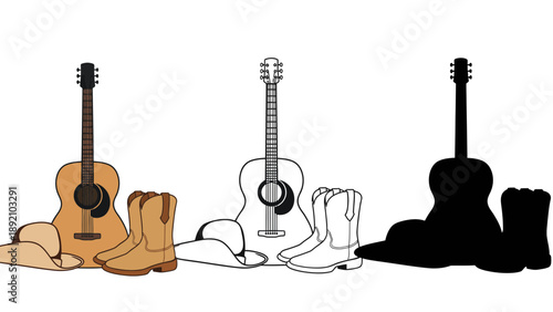 A colorful illustration of guitars and cowboy boots in different styles