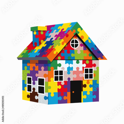 A colorful and vibrant house constructed entirely from jigsaw puzzle pieces creating a unique and artistic architectural design
