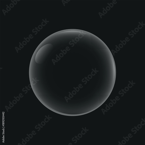 Transparent glass bubble sphere with glossy reflections on dark background in minimal abstract modern design