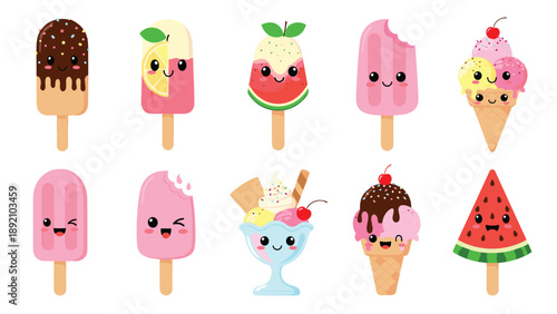 Collection of cute kawaii fruit themed ice cream popsicles with happy faces and colorful designs isolated on a white background set.