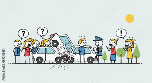Cartoon car accident with people and police officer.