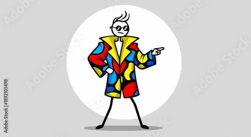Cartoon character in a colorful abstract coat pointing finger.