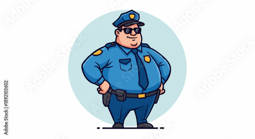 Cartoon Fat Police Officer Standing Confidently.