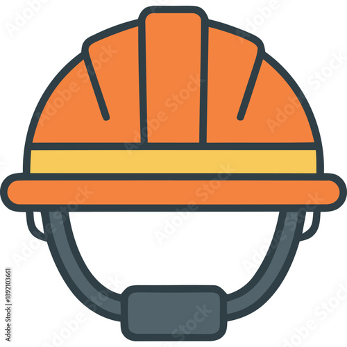 An orange safety helmet with yellow stripe viewed from front