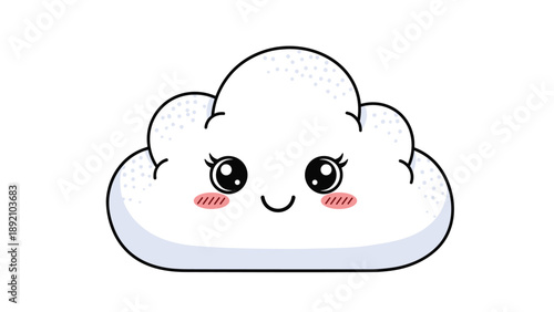 Cute kawaii cloud character with a happy smiling face and pink cheeks in a simple white and blue design for nursery wall art prints.