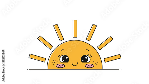 Cute happy rising sun character with pink cheeks and freckles on a white horizon line for morning greetings or children weather themes.