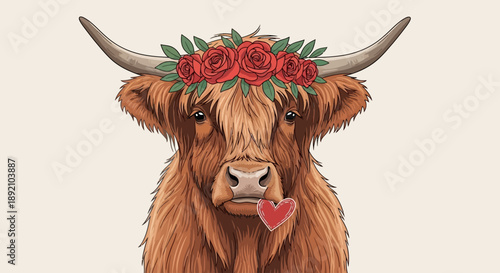 Cute Fluffy Highland Cow with Flower Crown Vector