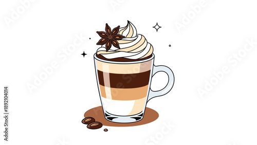 Iced latte coffee cup with layers of milk and espresso topped with whipped cream and star anise on a decorative brown background.