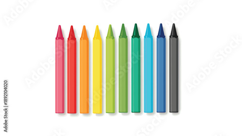Set of colorful crayons in a row from pink to black for arts and crafts school supplies or children creative coloring book materials.