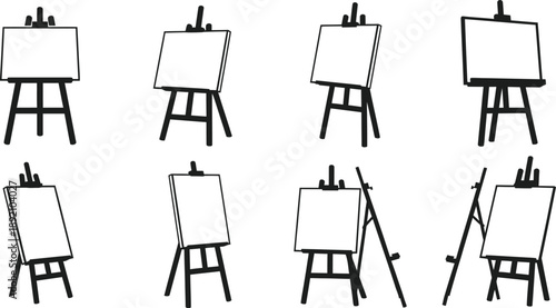A collection of eight black silhouette art easels in varying perspectives on transparent background high quality professional detailed modern elegant stylish
