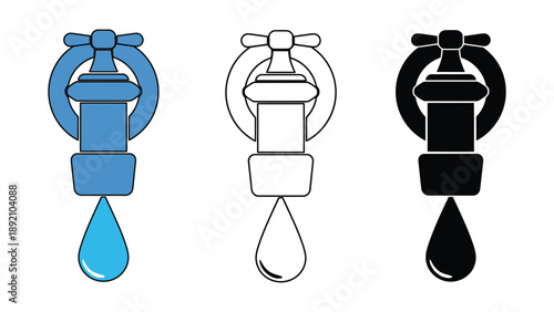 A set of three faucet icons in different colors and styles