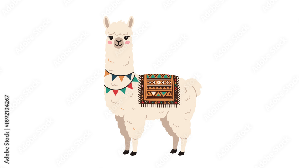 Fototapeta premium Cute cartoon llama illustration standing sideways, wearing a colorful festive necklace and a traditional patterned saddle blanket.