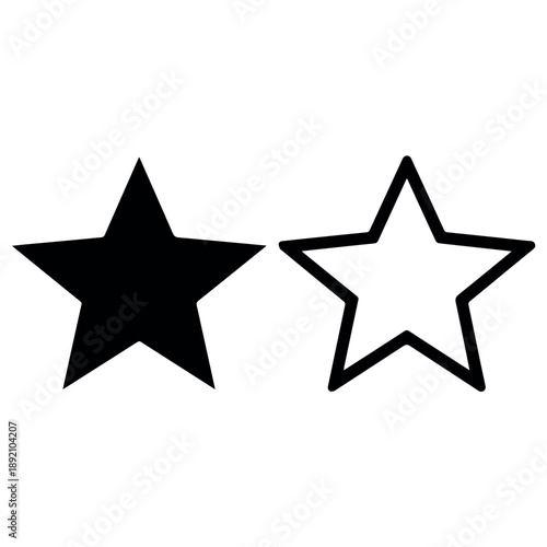 A minimalist vector graphic design featuring two star shapes one solid black and one outlined in black on a white background