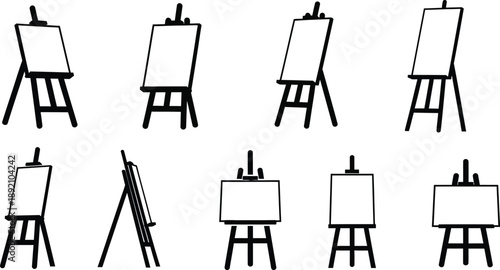A collection of nine black silhouette art easels varying in style presented on transparent background high quality professional detailed modern elegant