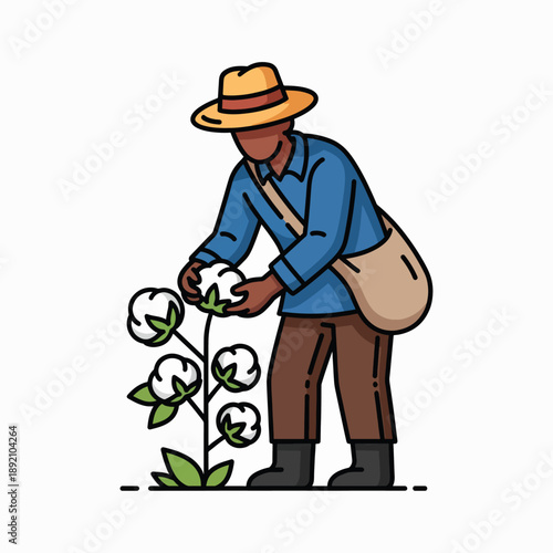 An agricultural worker in a hat and blue shirt diligently picks cotton from a plant with a satchel on their shoulder