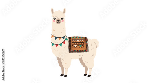 Cute cartoon llama illustration standing sideways, wearing a colorful festive necklace and a traditional patterned saddle blanket.