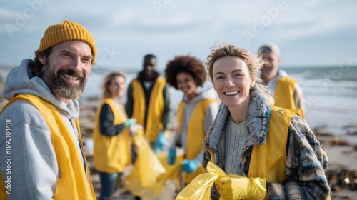 Community beach cleanup group people collecting waste,  environmental awareness, sustainable action concept