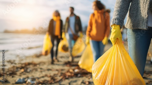 Community beach cleanup group people collecting waste,  environmental awareness, sustainable action concept
