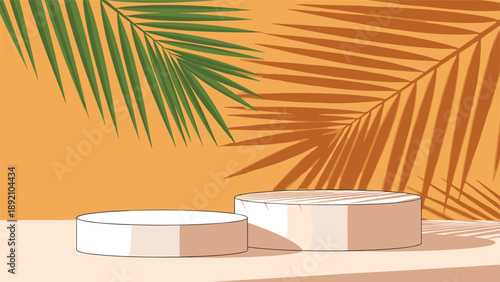 Two white circular podiums for product display set against a bright orange background with realistic green palm leaf shadows.