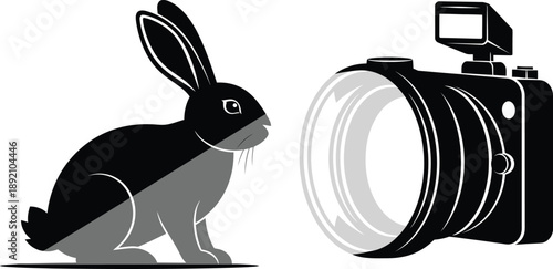 A black silhouette of a rabbit facing a camera with a flash ideal for graphic design on transparent background high quality