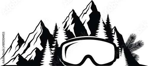 A striking black mountain range with ski goggles in the foreground a captivating silhouette on transparent background high quality professional detailed