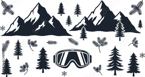 A striking mountain landscape with winter elements and ski goggles presented as a bold silhouette on transparent background high quality professional