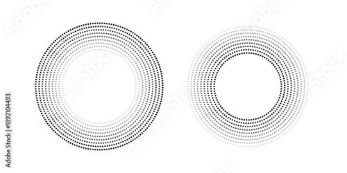 Circle dot frame. Circular border with effect halftone. Modern faded ring. Semitone shape round. Point sphere boarder. Dotted geometric pattern. Graphic small dots element for design prints