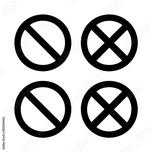 A set of four black vector icons featuring circle symbols with diagonal lines indicating prohibition or rejection on a white background