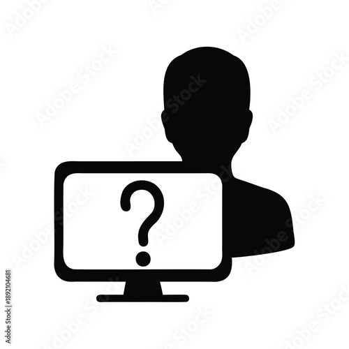 User with question mark on computer screen icon symbolizing uncertainty