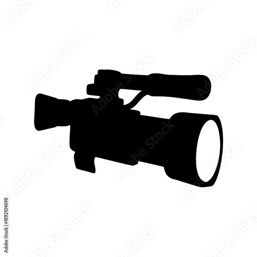 Black silhouette of a professional video camera broadcasting on white background