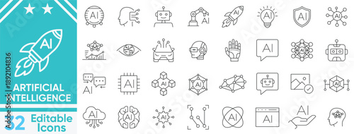 Artificial intelligence icon set.Virtual agent, neural brain, automation bot, decision engine, digital helper, AI, artificial intelligence and more.Vector and illustrator set.