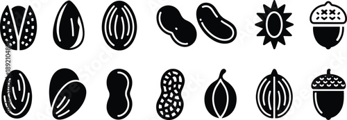 Seed and nut silhouettes set, black botanical icons collection, organic food elements, minimal nature symbols for logo, packaging, design