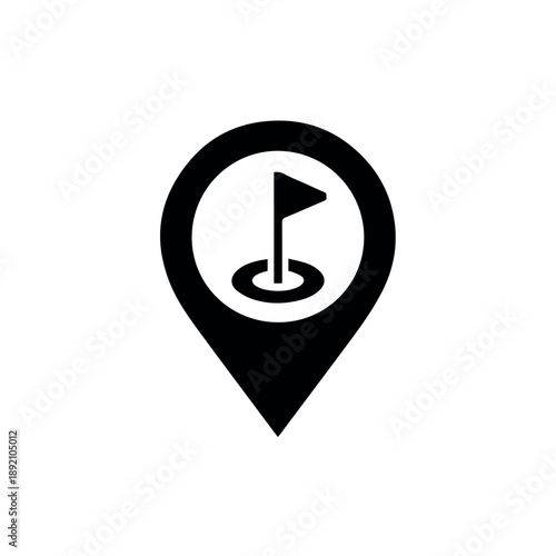 A black vector graphic icon of a golf flag in a location pin on a white background