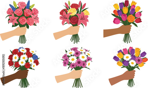 Six colorful flower bouquets held in hands showcasing variety and design on transparent background silhouette high quality professional detailed modern elegant