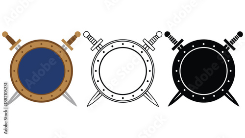 Three different shield designs with swords on a white background