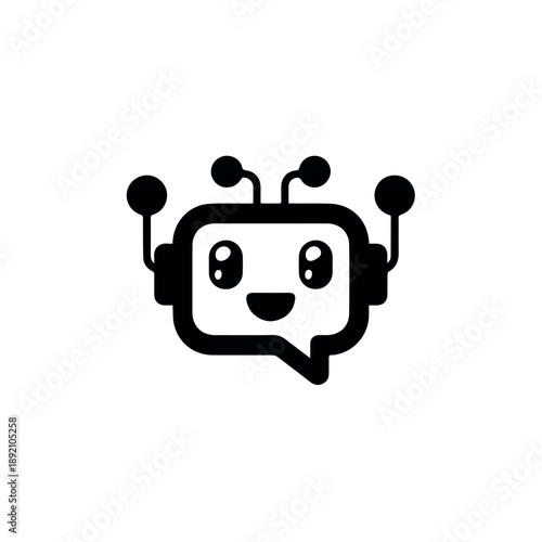 A smiling robot character with a speech bubble and antennae on its head in a minimalist vector graphic design