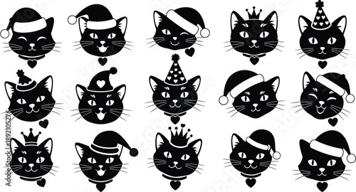 A collection of black cat heads wearing various festive hats presented as a repeating pattern on transparent background silhouette high quality