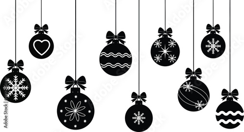 A collection of decorative christmas ornaments suspended by strings featuring unique designs on transparent background silhouette high quality professional detailed modern
