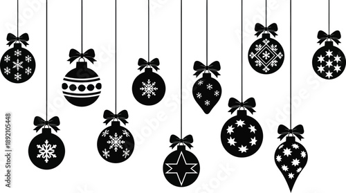 A collection of black christmas ornaments hanging from strings showcasing intricate designs on transparent background silhouette high quality professional detailed modern