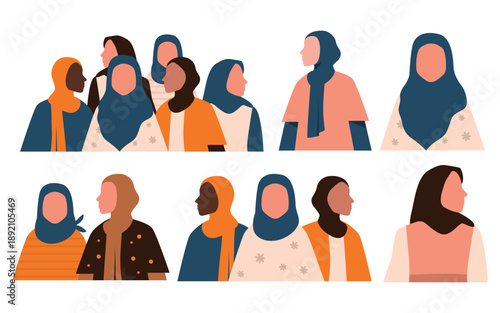 Set of woman wearing hijab illustration. Muslim headscarf fashion style. World hijab day, woman day vector isolated.
